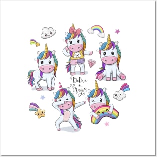 Five Cartoon Unicorns Posters and Art